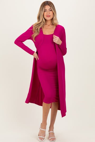 Magenta Ribbed Cardigan 2 Piece Maternity Set
