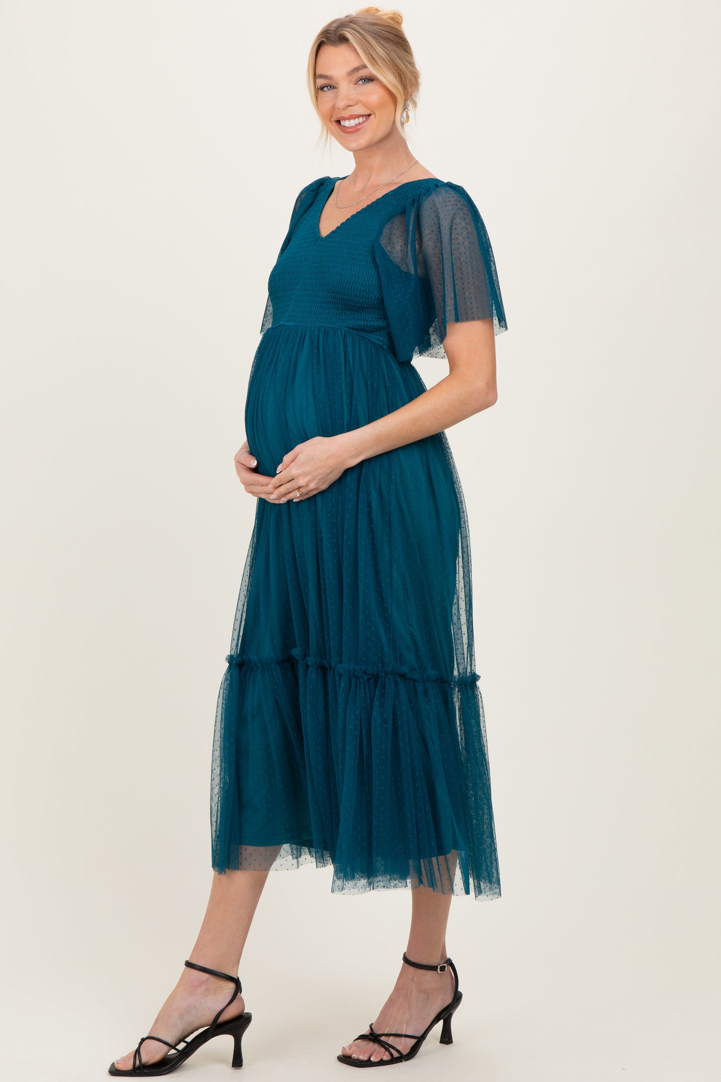 Teal Dotted Tulle Smocked Maternity Midi Dress