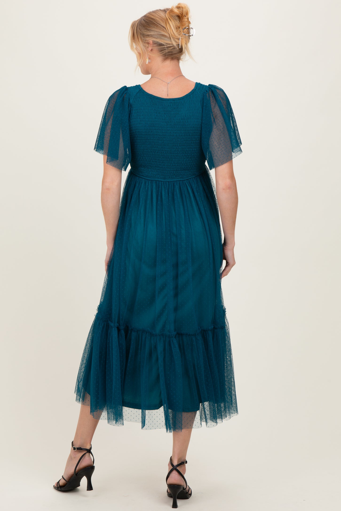 Teal Dotted Tulle Smocked Maternity Midi Dress