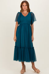 Teal Dotted Tulle Smocked Maternity Midi Dress