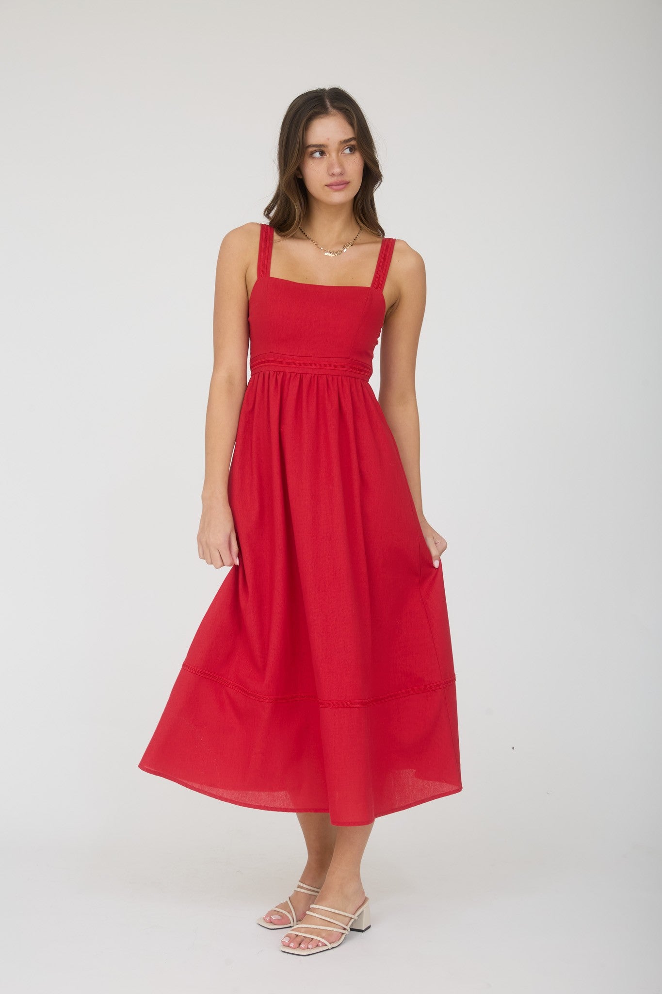 Red Linen Blend Sleeveless Midi Dress