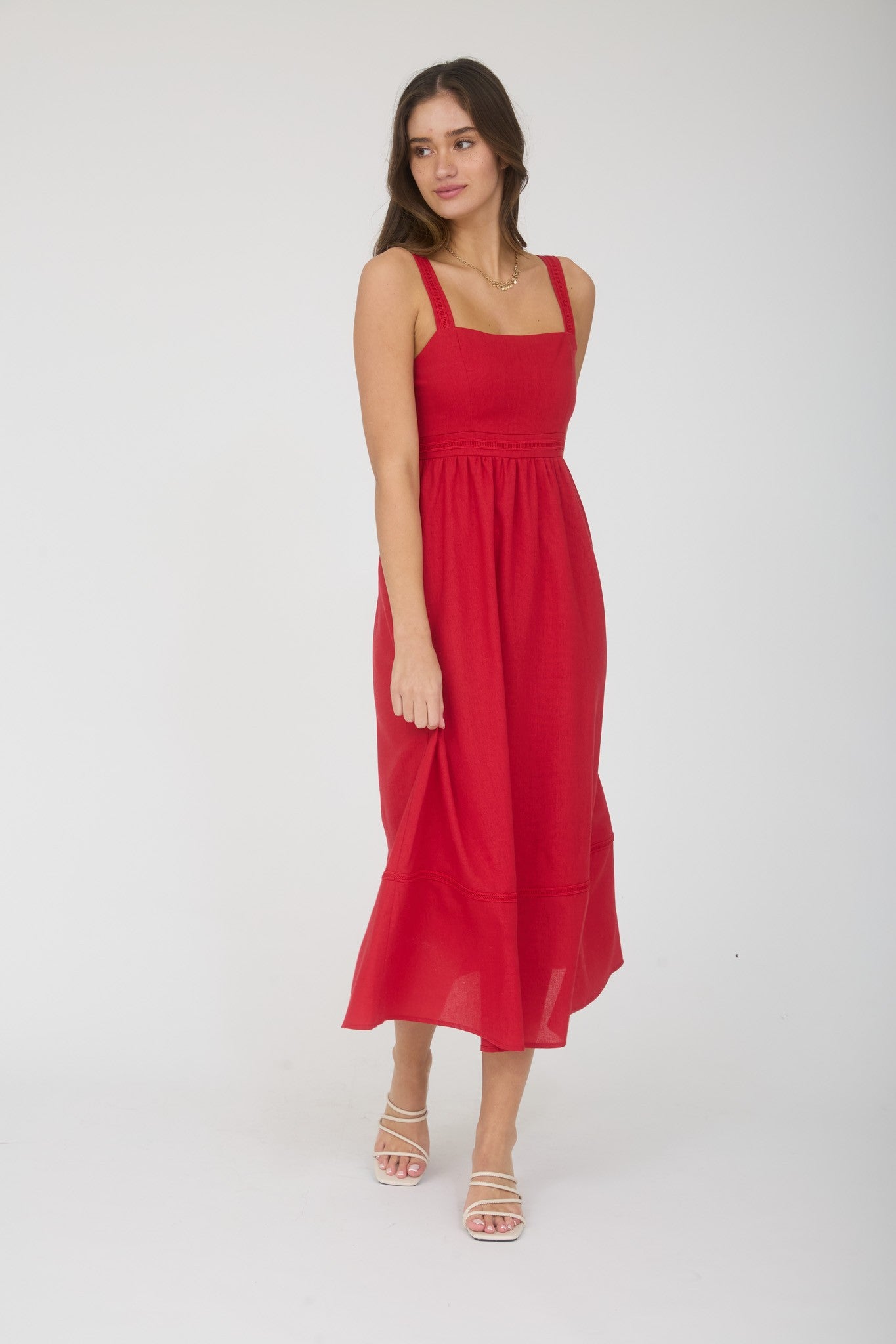 Red Linen Blend Sleeveless Midi Dress