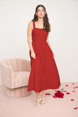 Red Linen Blend Sleeveless Midi Dress