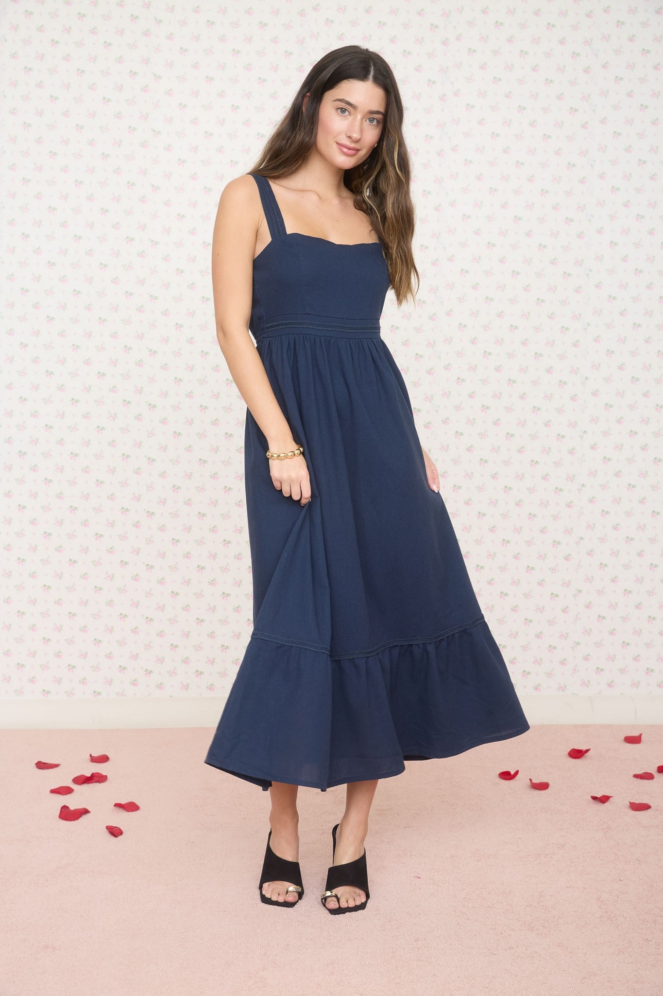 Navy Linen Blend Sleeveless Midi Dress