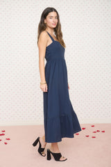 Navy Linen Blend Sleeveless Midi Dress