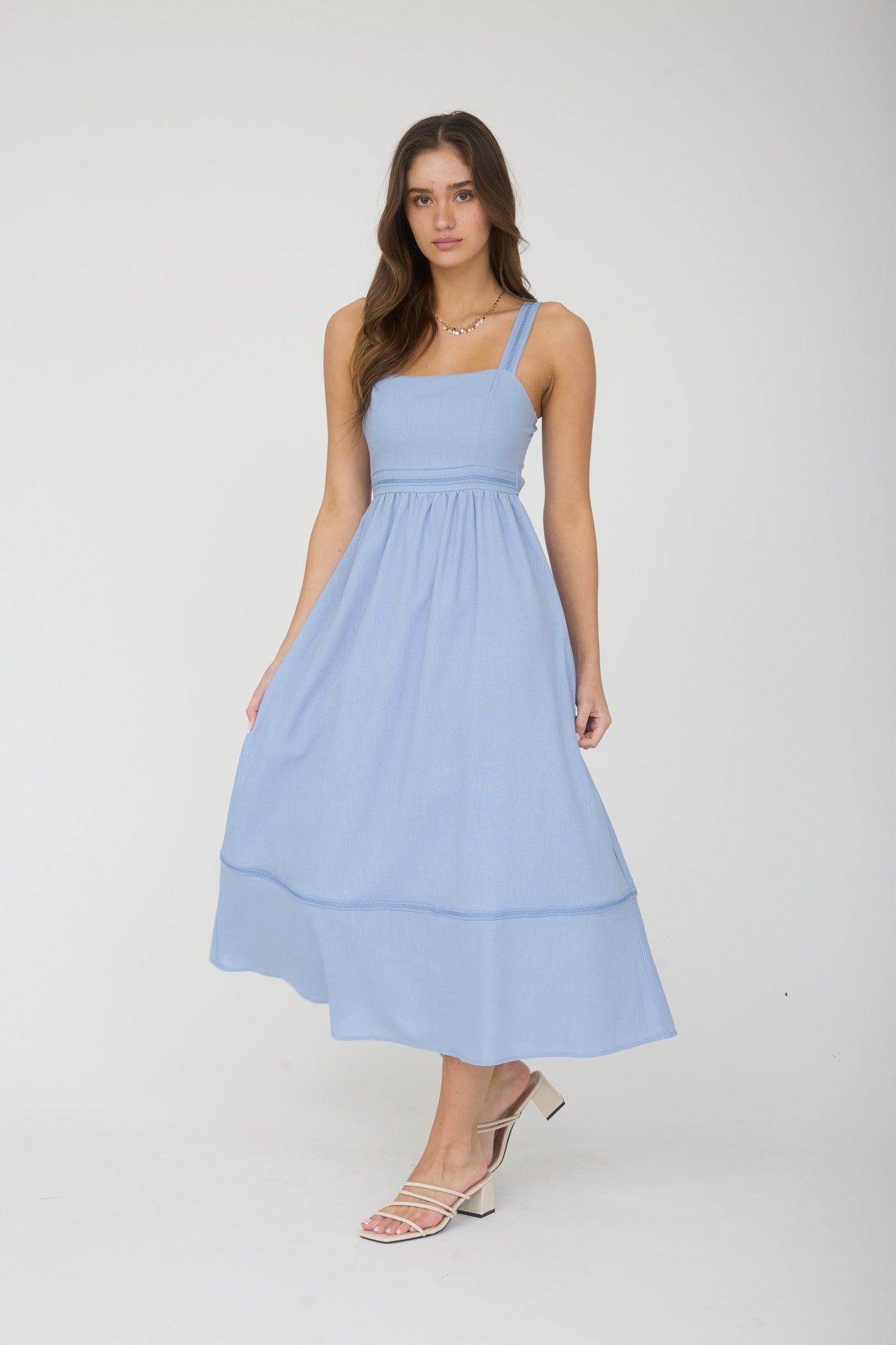 Dusty Blue Linen Blend Sleeveless Midi Dress