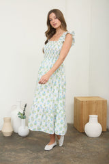 Blue Floral Smocked Sleeveless Midi Dress