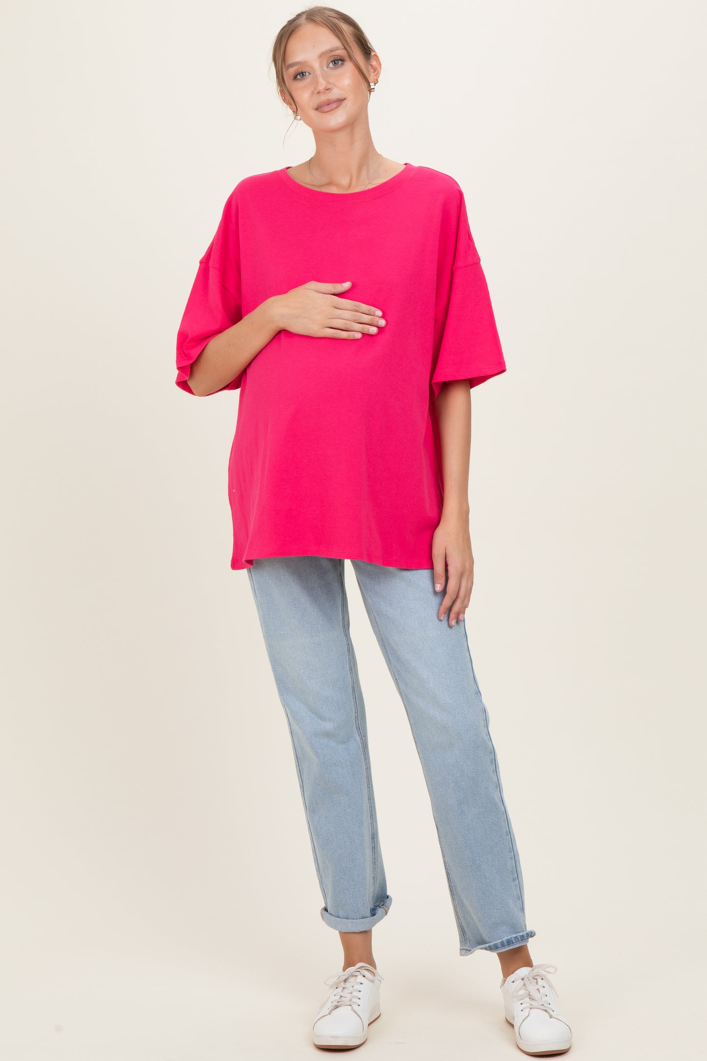 Hot Pink Cotton Oversized Maternity Tee
