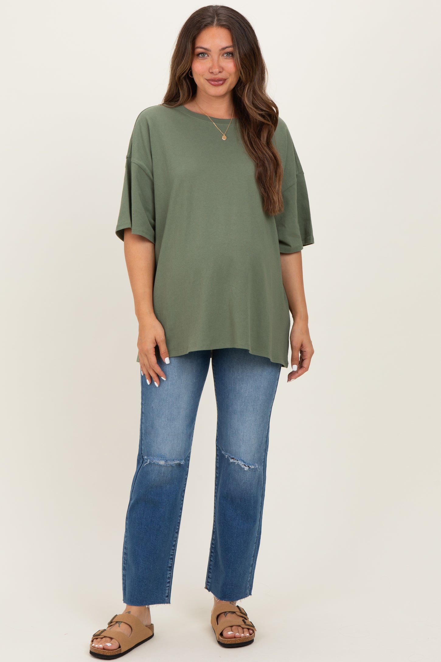 Light Olive Cotton Oversized Maternity Tee