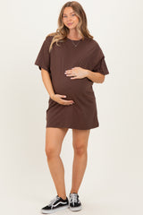 Brown Crewneck Short Sleeve Maternity T-Shirt Dress