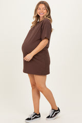 Brown Crewneck Short Sleeve Maternity T-Shirt Dress
