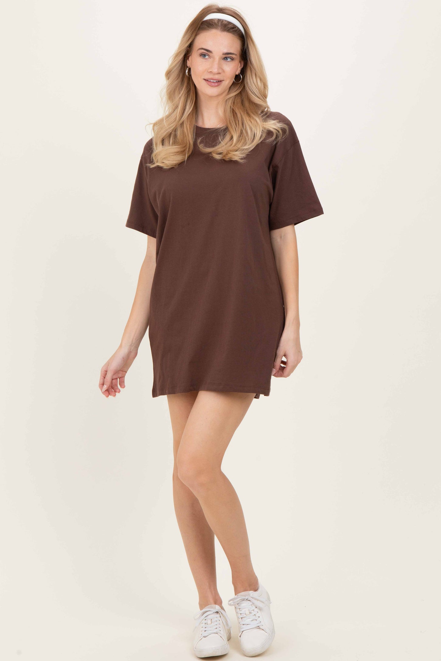 Brown Crewneck Short Sleeve T-Shirt Dress