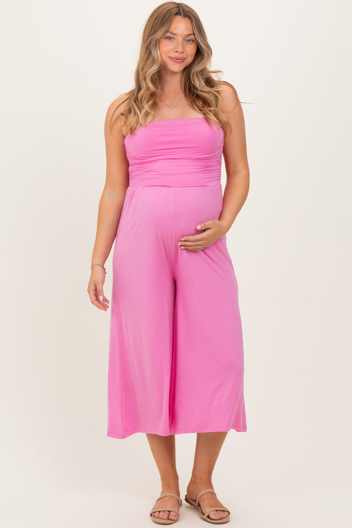 Pink Double Layered Strapless Tube Top Maternity Jumpsuit