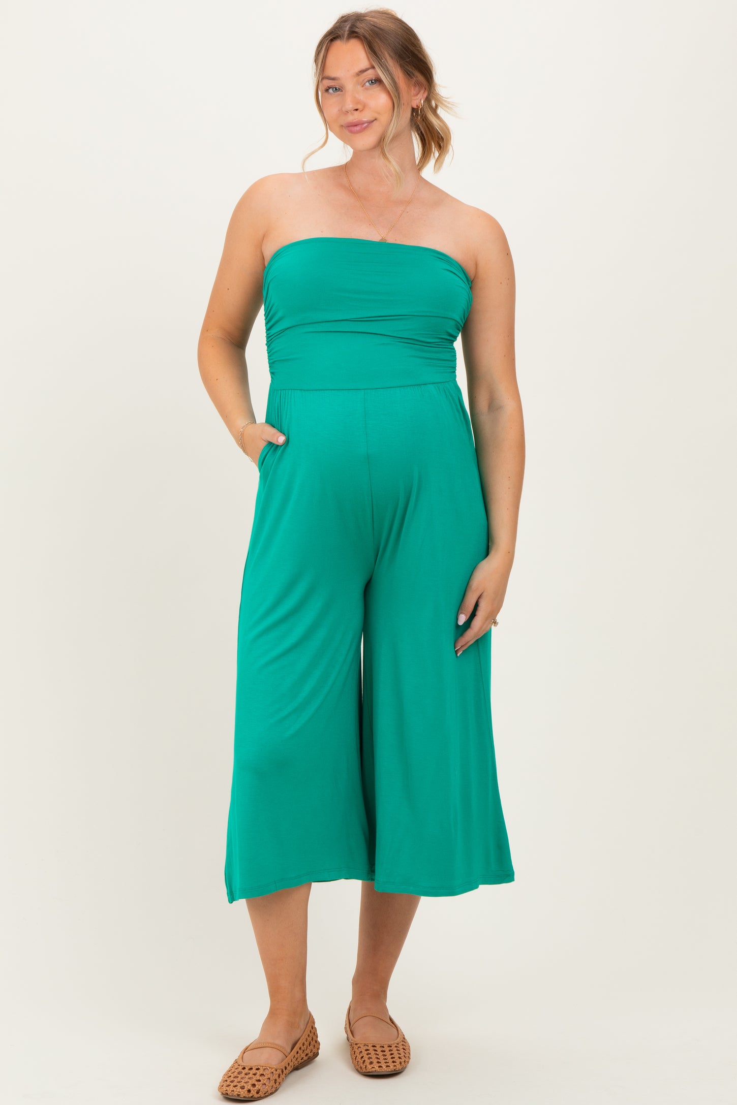 Kelly Green Double Layered Strapless Tube Top Maternity Jumpsuit