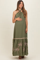 Olive Embroidered Halter Maternity Maxi Dress