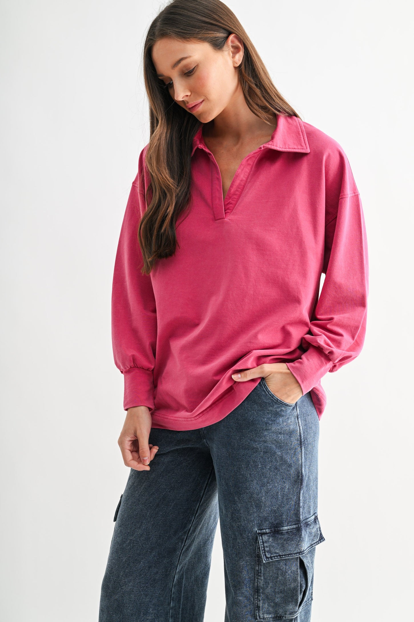 Magenta Sunfade Cotton Collared Long Sleeve Maternity Top