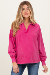 Magenta Sunfade Cotton Collared Long Sleeve Maternity Top