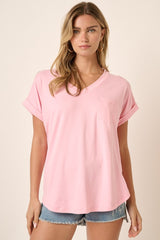 Light Pink V-Neck Pocket Short Sleeve Shirt