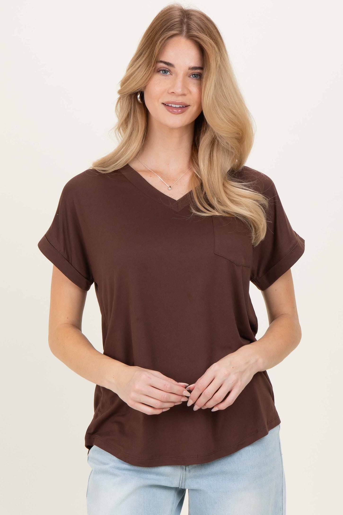 Brown V-Neck Pocket Short Sleeve Maternity Shirt