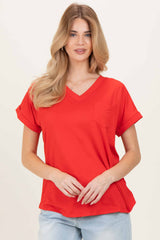 Red V-Neck Pocket Short Sleeve Maternity Shirt