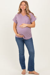 Lavender V-Neck Pocket Short Sleeve Maternity Shirt