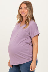 Lavender V-Neck Pocket Short Sleeve Maternity Shirt