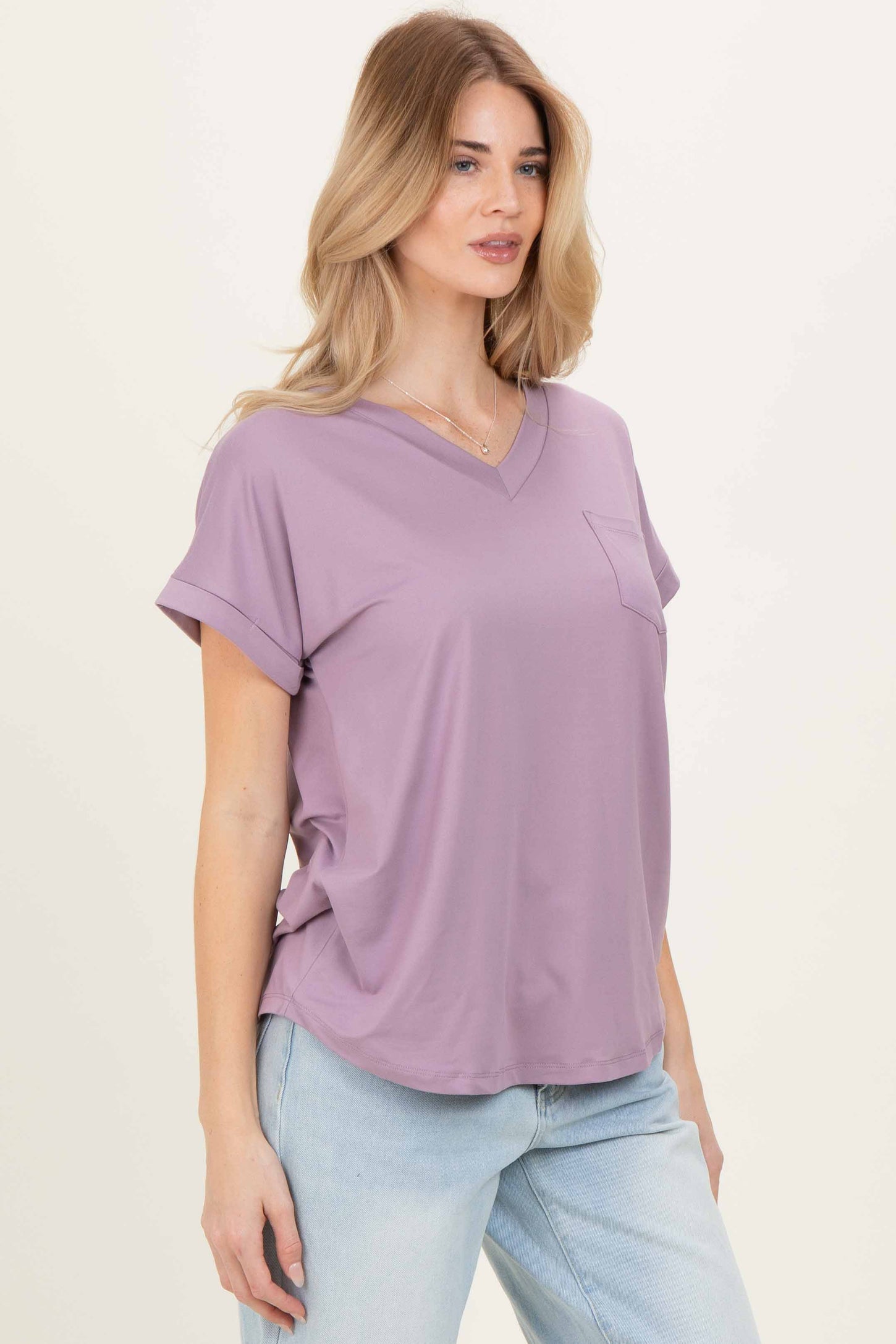 Lavender V-Neck Pocket Short Sleeve Shirt