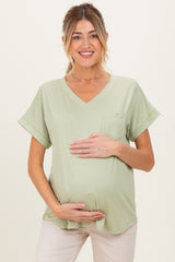 Mint V-Neck Pocket Short Sleeve Maternity Shirt