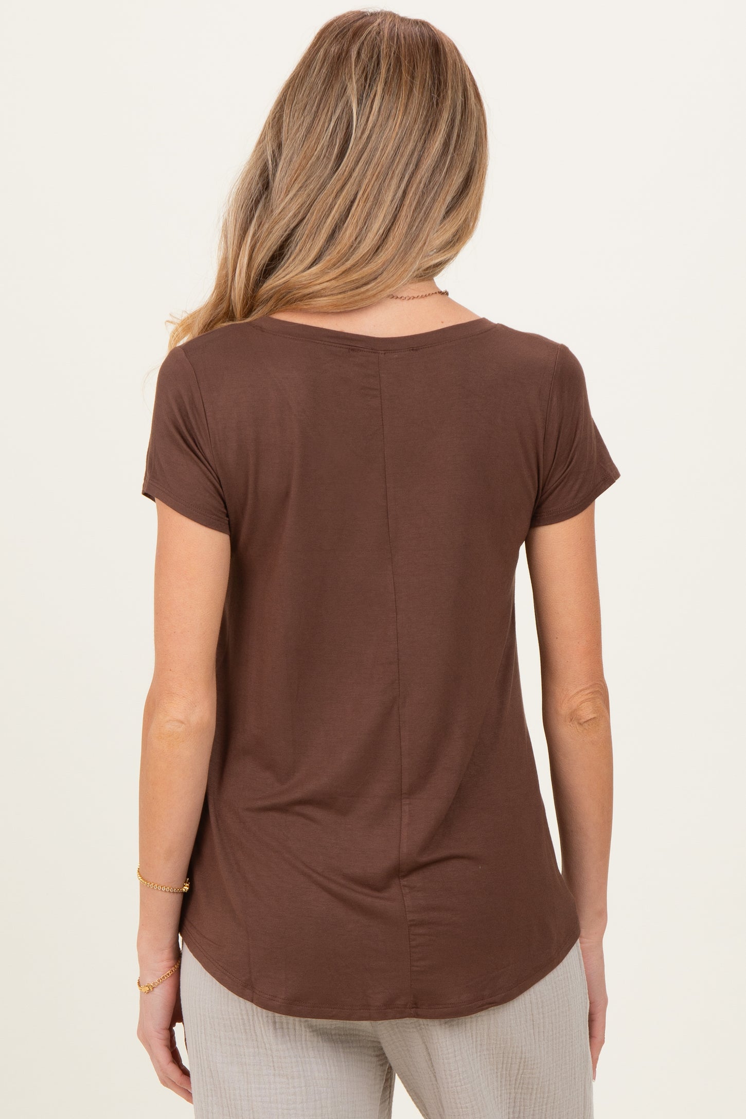 Brown Basic V-Neck Short Sleeve Maternity Top