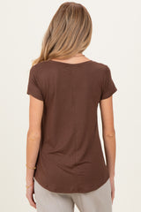 Brown Basic V-Neck Short Sleeve Maternity Top