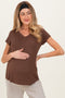 Brown Basic V-Neck Short Sleeve Maternity Top