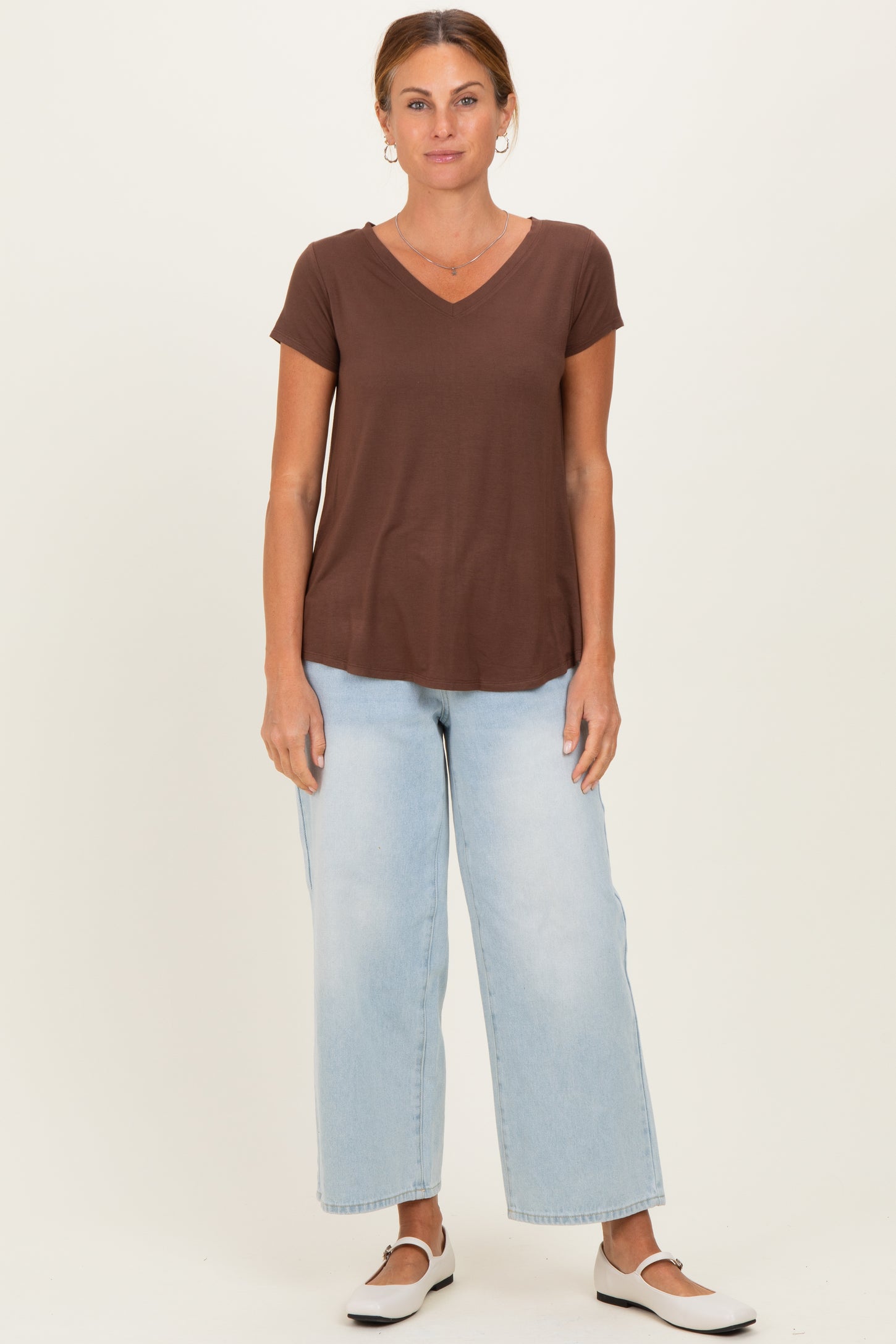 Brown Basic V-Neck Short Sleeve Top