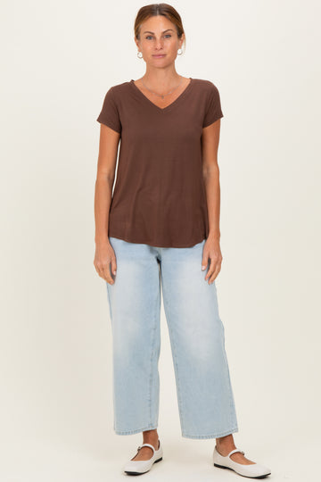 Brown Basic V-Neck Short Sleeve Top