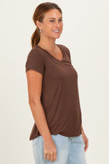 Brown Basic V-Neck Short Sleeve Top