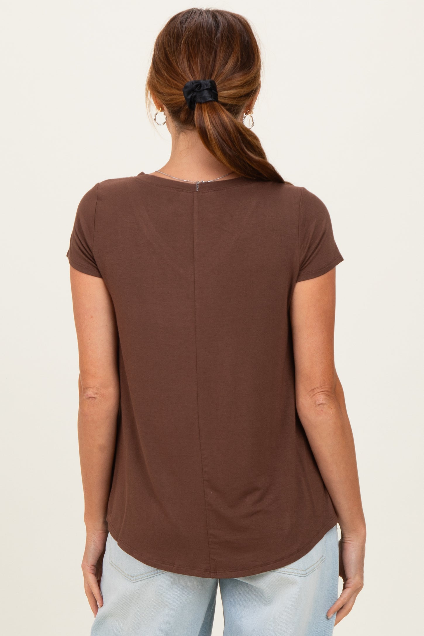 Brown Basic V-Neck Short Sleeve Top