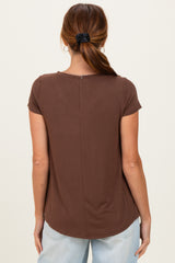 Brown Basic V-Neck Short Sleeve Top