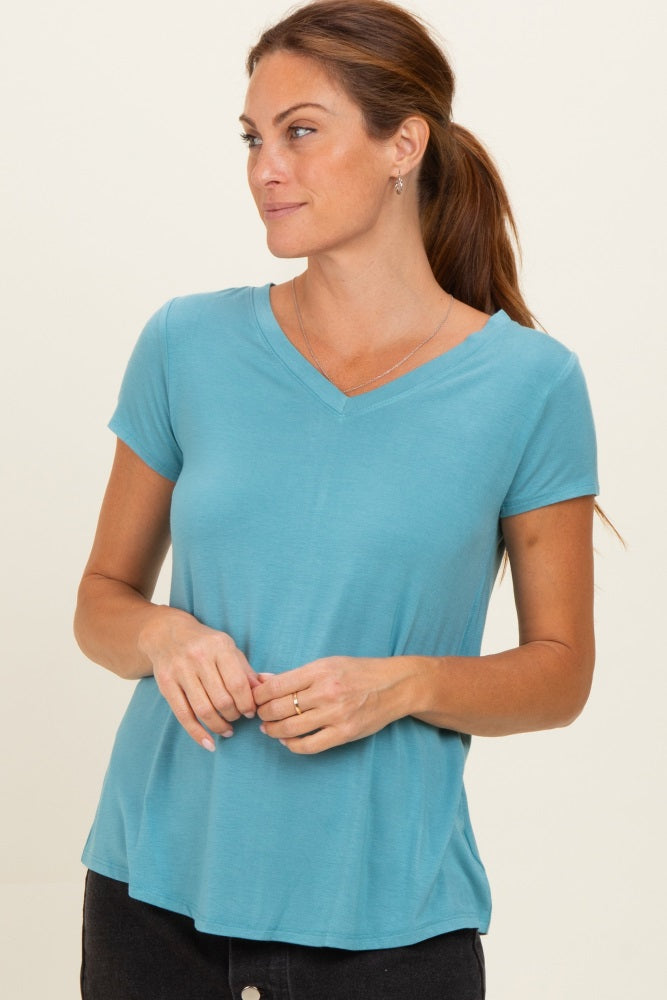 Dusty Teal Basic V-Neck Short Sleeve Top