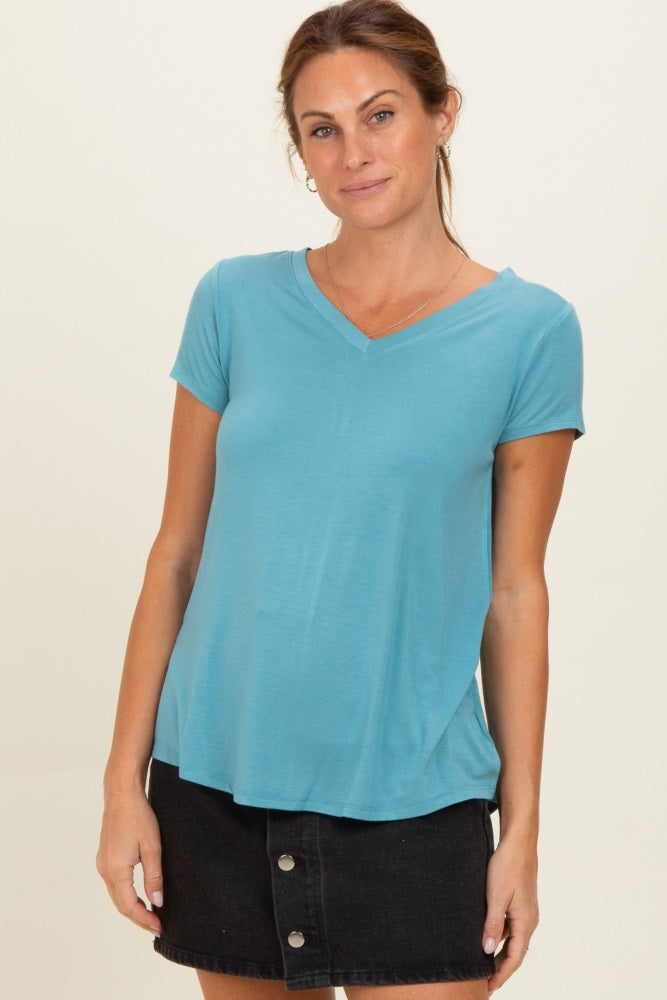 Dusty Teal Basic V-Neck Short Sleeve Maternity Top