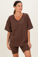 Brown Oversized V-Neck Biker Short Set
