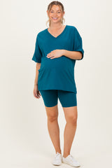 Teal Oversized V-Neck Biker Short Maternity Set