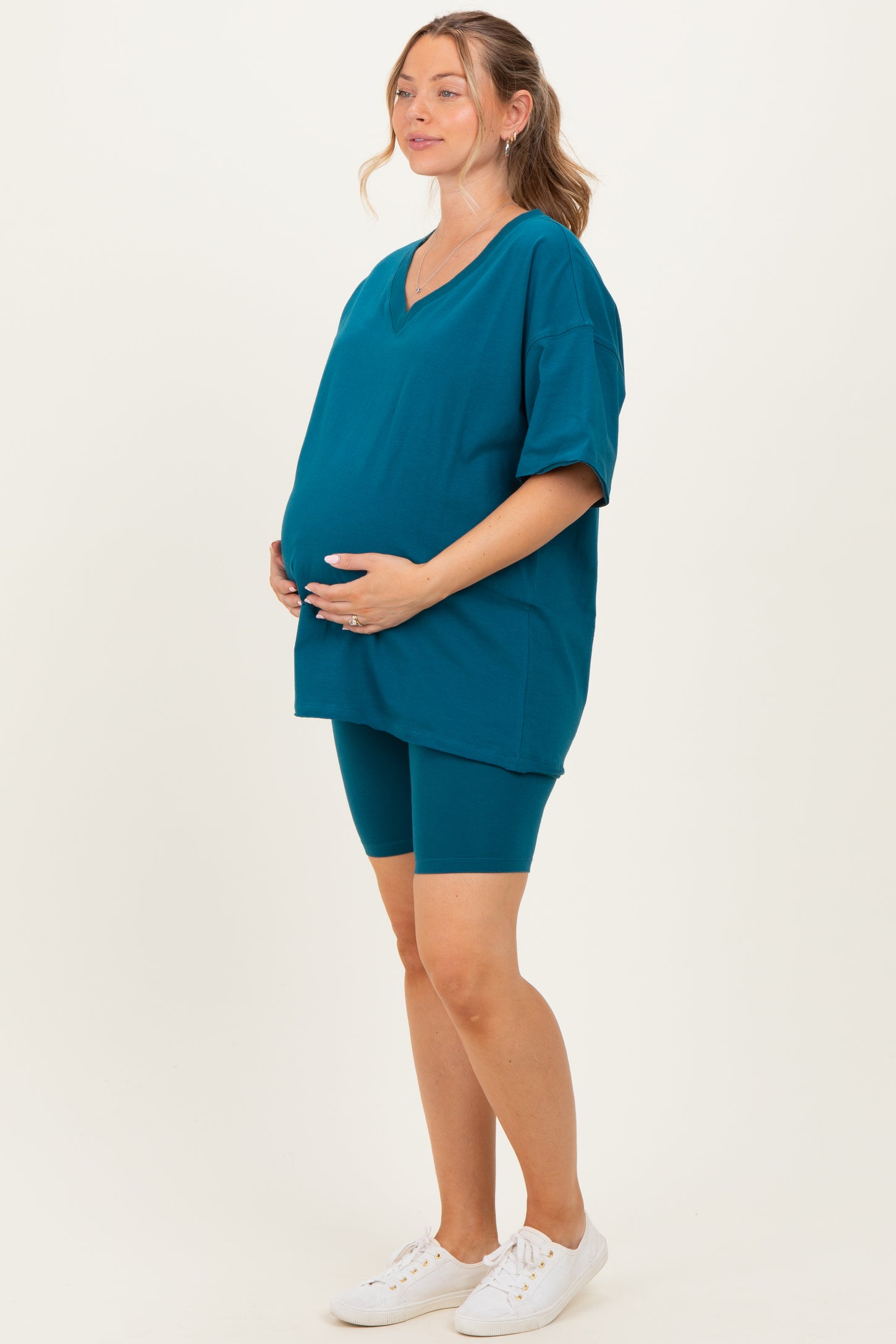Teal Oversized V-Neck Biker Short Maternity Set