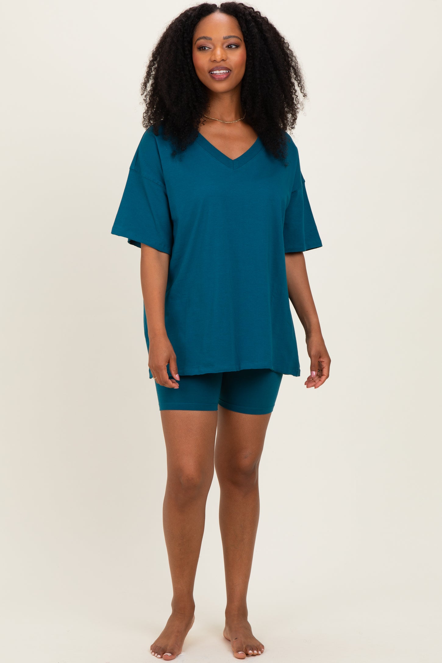 Teal Oversized V-Neck Biker Short Maternity Set