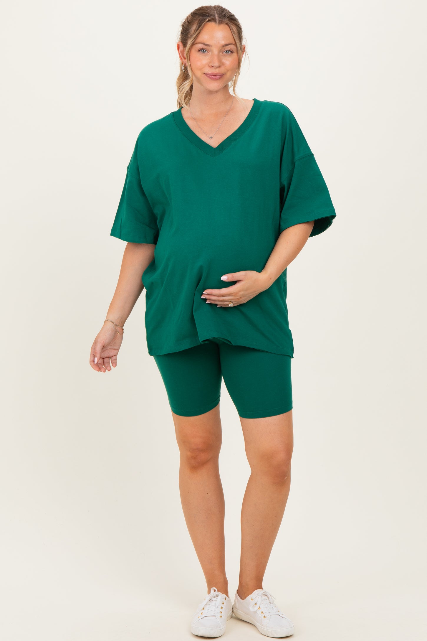 Emerald Green Oversized V-Neck Biker Short Maternity Set