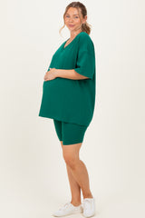 Emerald Green Oversized V-Neck Biker Short Maternity Set