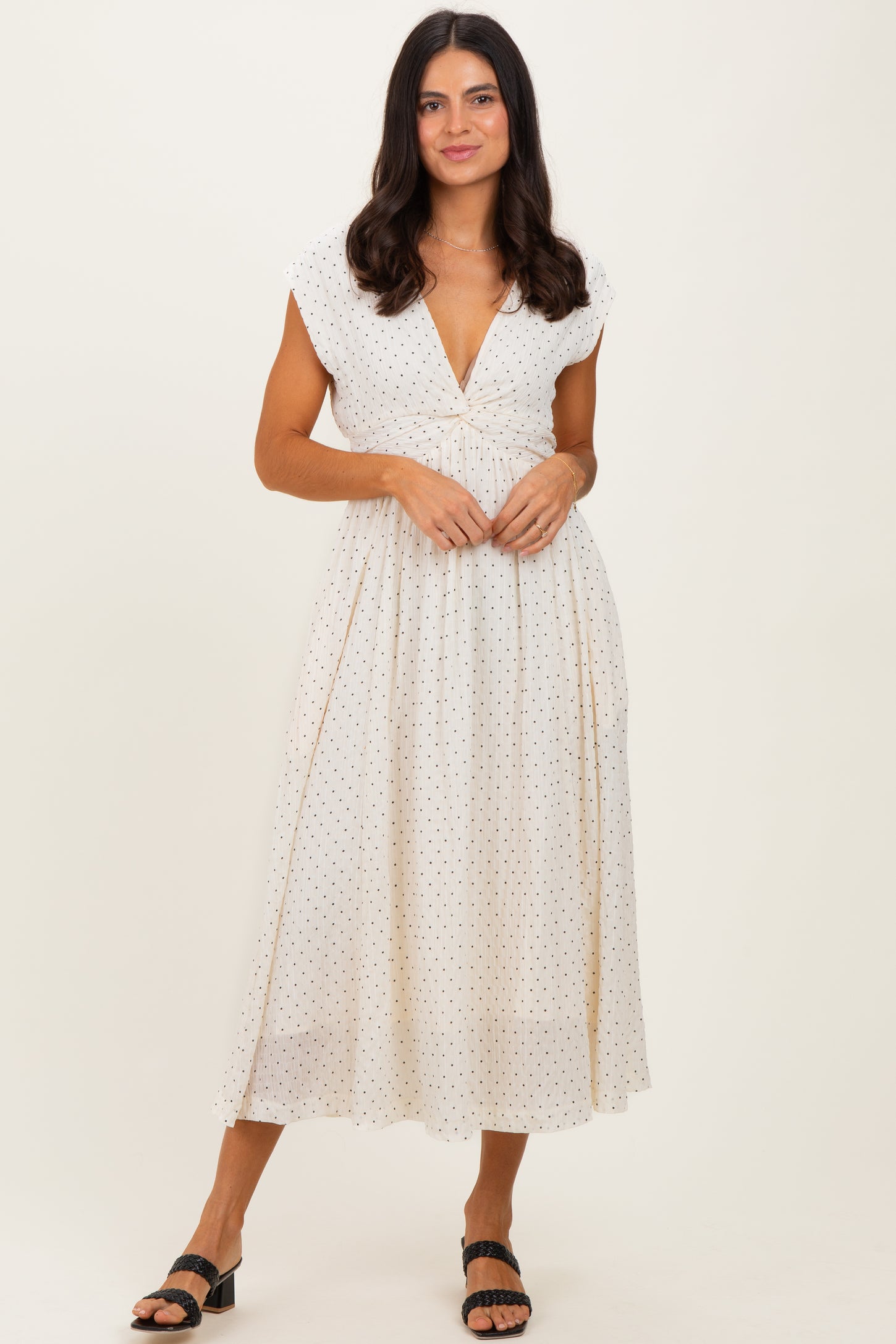 Cream Polka Dot Twisted Detail V Neck Maxi Dress