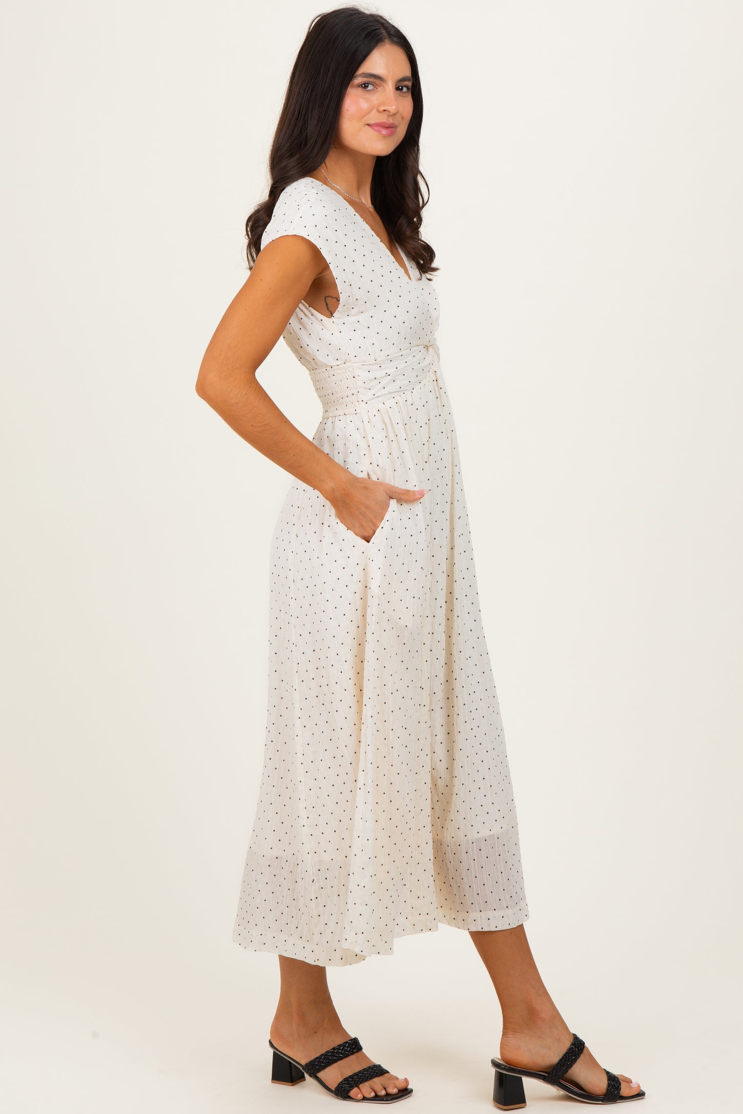 Cream Polka Dot Twisted Detail V Neck Maxi Dress