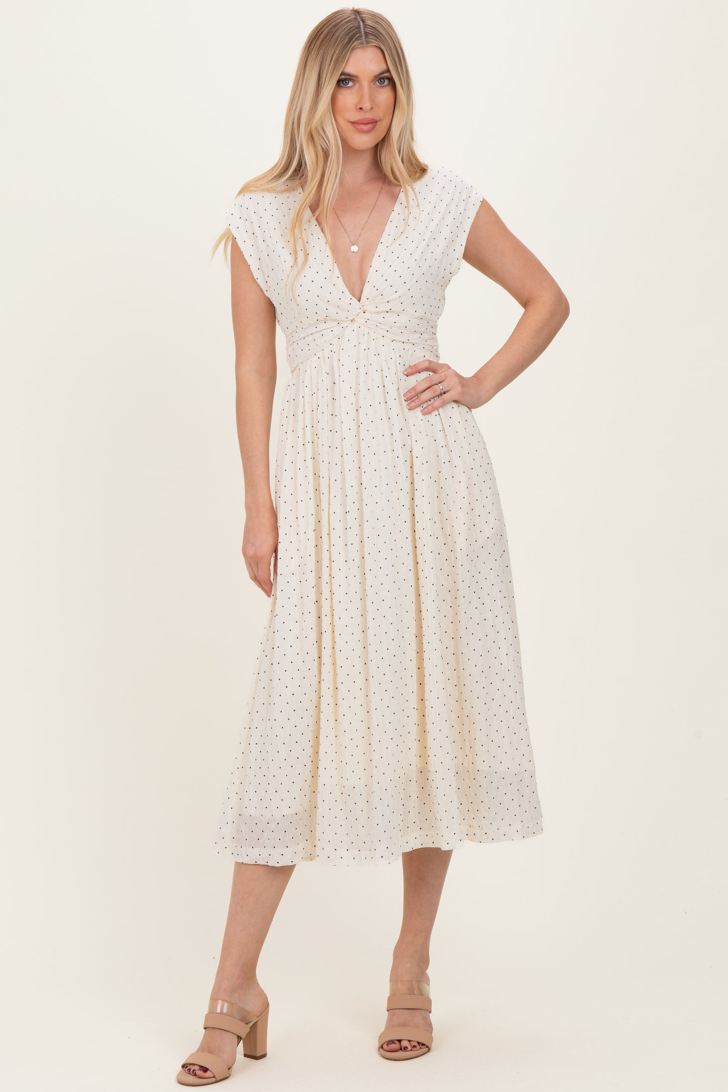 Cream Polka Dot Twisted Detail V Neck Maxi Dress