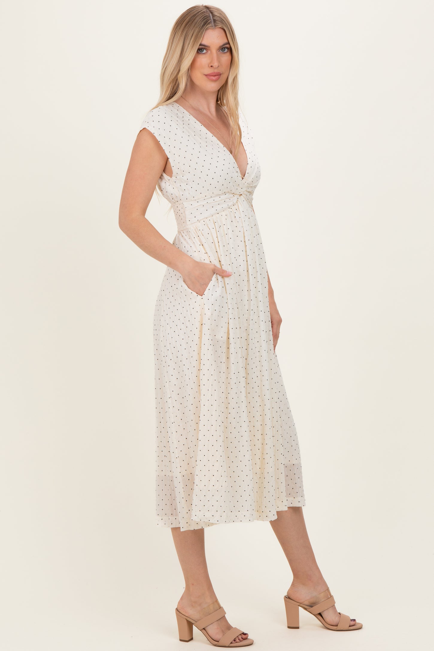 Cream Polka Dot Twisted Detail V Neck Maxi Dress