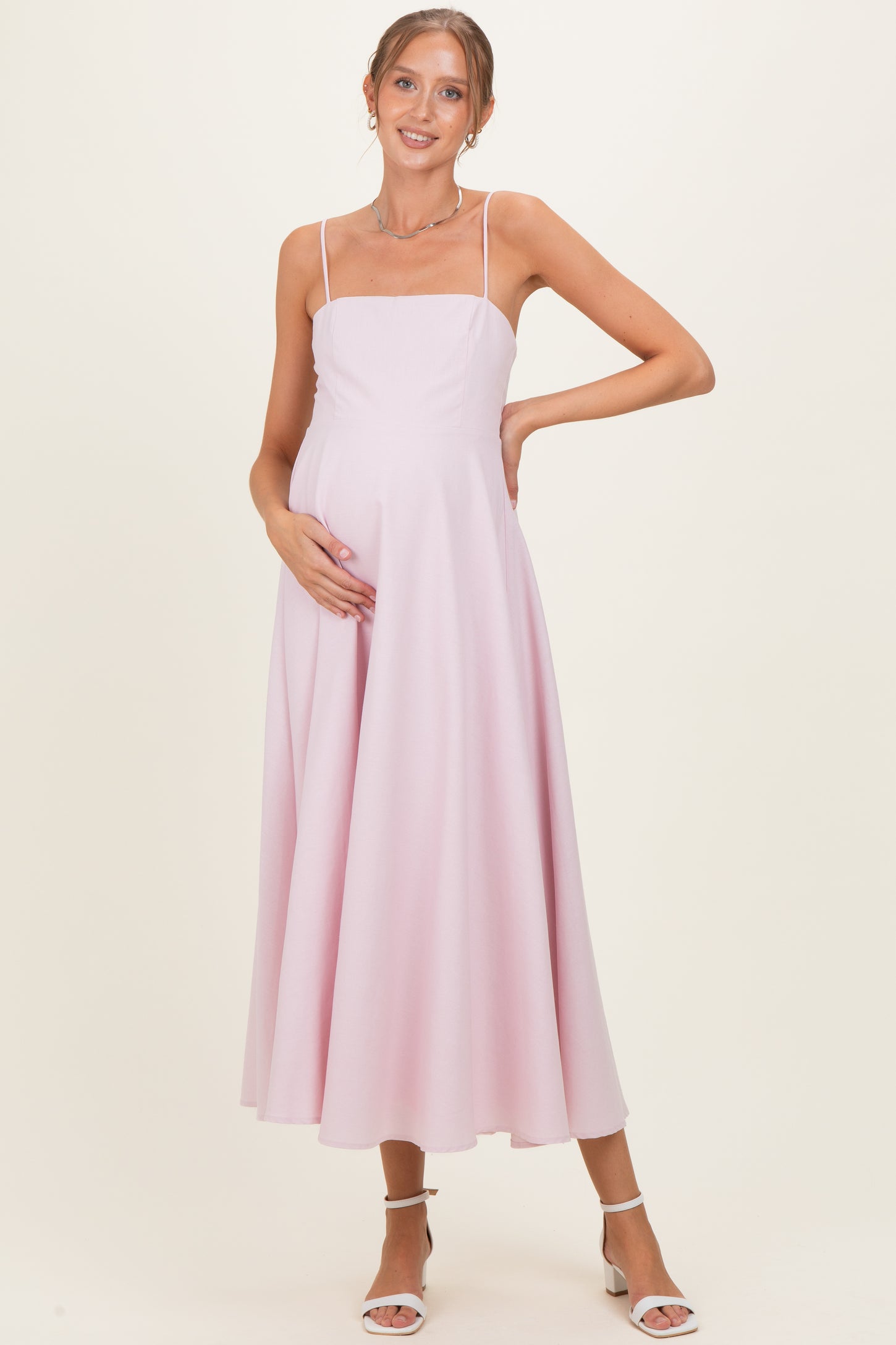 Light Pink Linen A-Line Flared Maternity Midi Dress