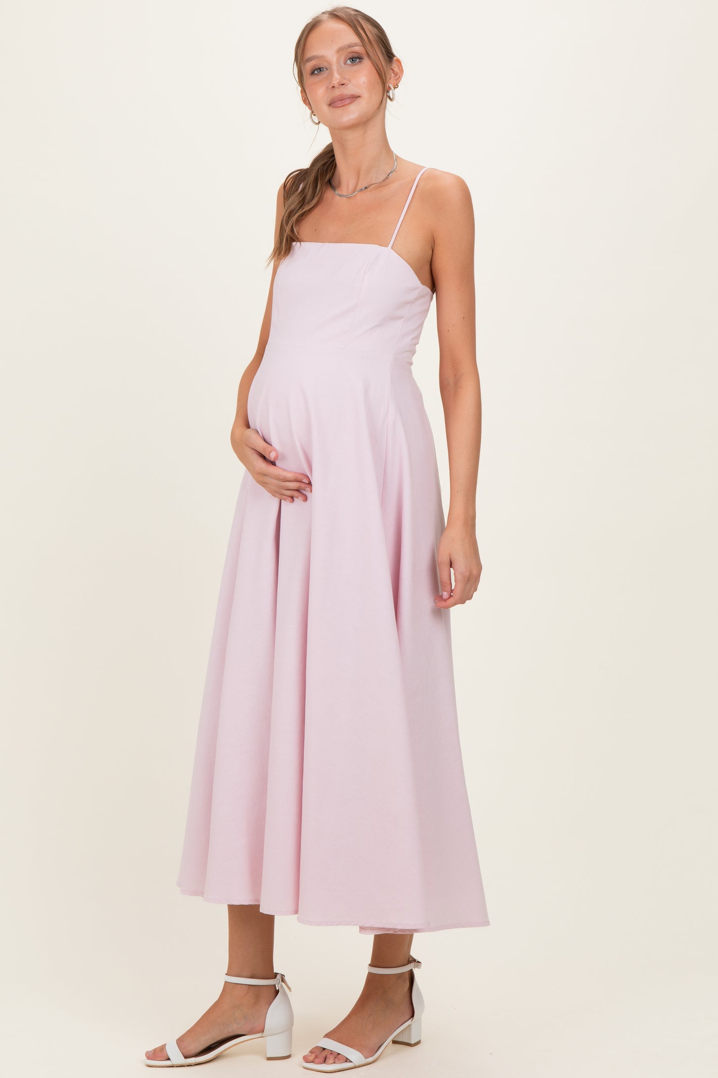 Light Pink Linen A-Line Flared Maternity Midi Dress